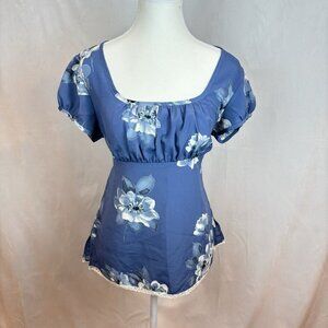 Vintage La Belle Women's Blue Floral Babydoll Cap Sleeve Feminine Blouse Size 11